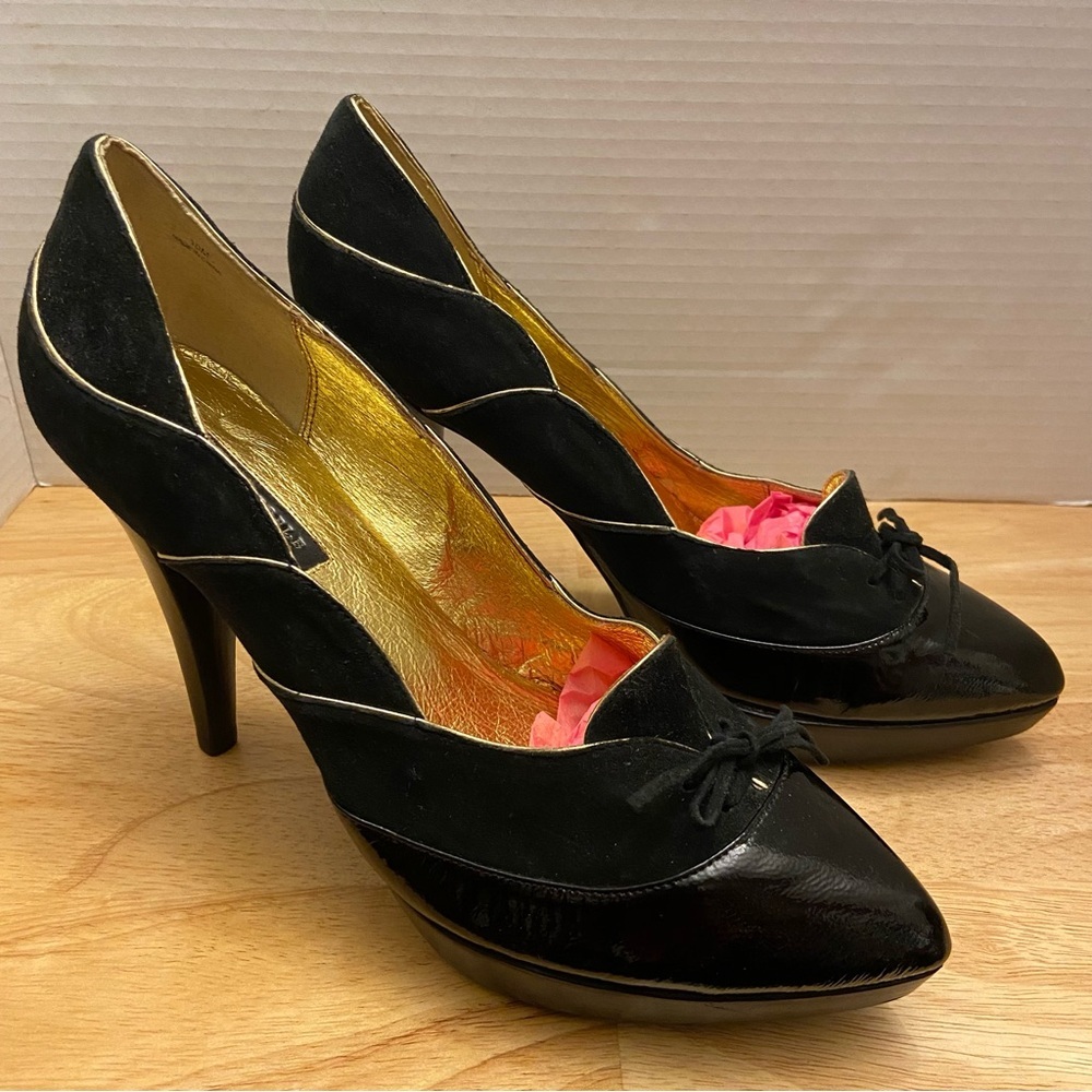 Lovely People Black And Gold Foil Scalloped Pointy Toe High Heel Shoes Size 10. - Picture 2 of 10